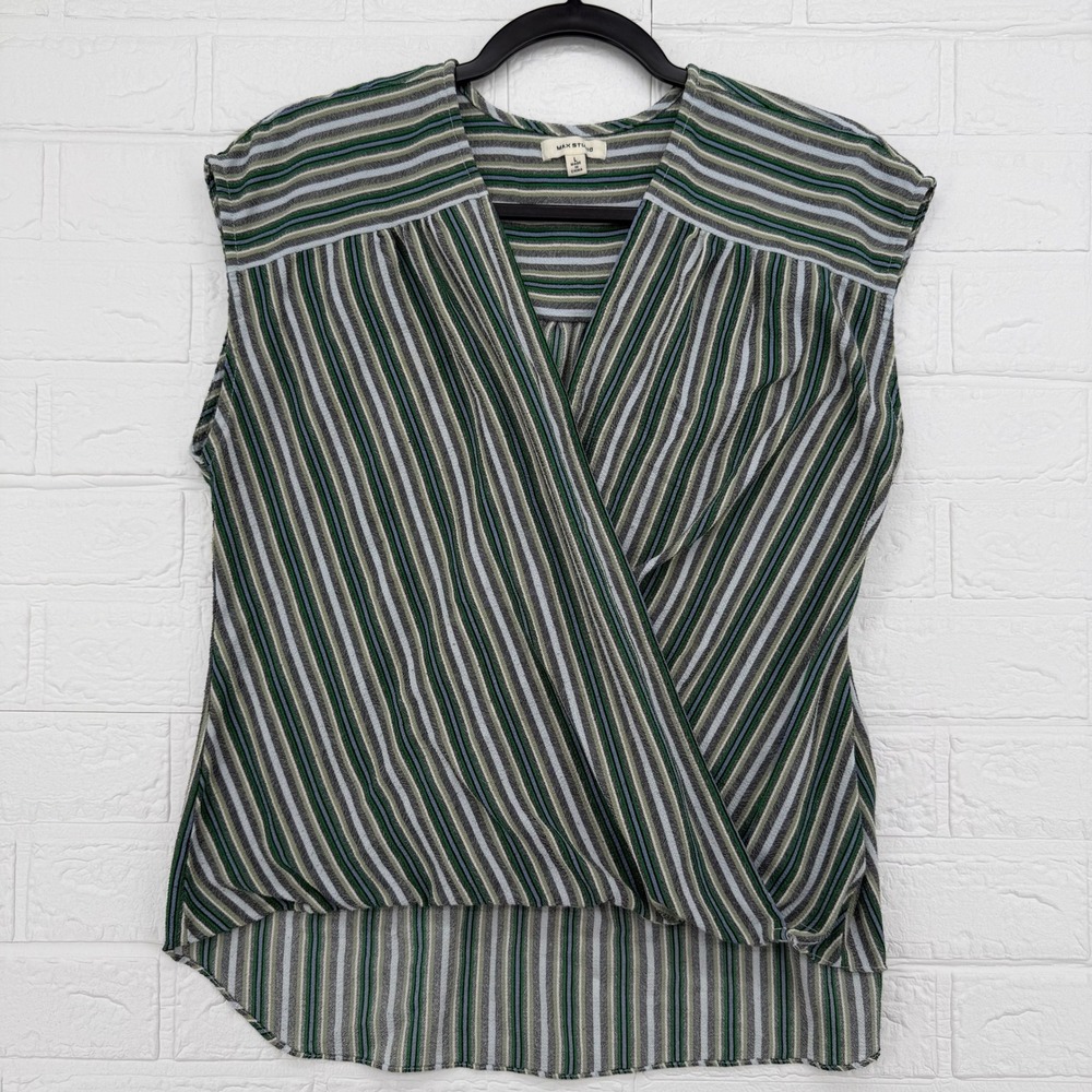 Max Studio Wrap Blouse Womens Large Green Blue Striped Sleeveless High Low Top